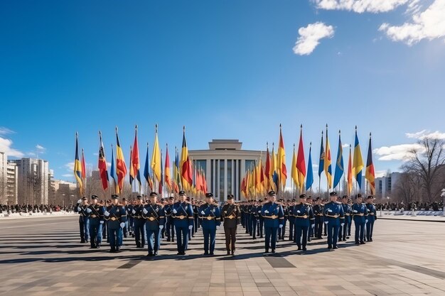 Zdjęcie symboliczna jedność żołnierze csto z różnych narodów stoją w formacji w almaty w kazachstanie