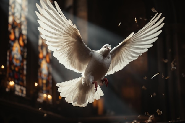 Symboliczna obecność białego gołębia w ciemności kościołów