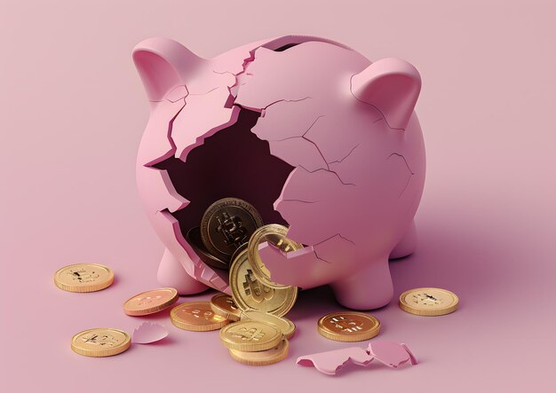 Zdjęcie symboliczna reprezentacja straty finansowej rozbite świnki z rozlane monety na różowym tle