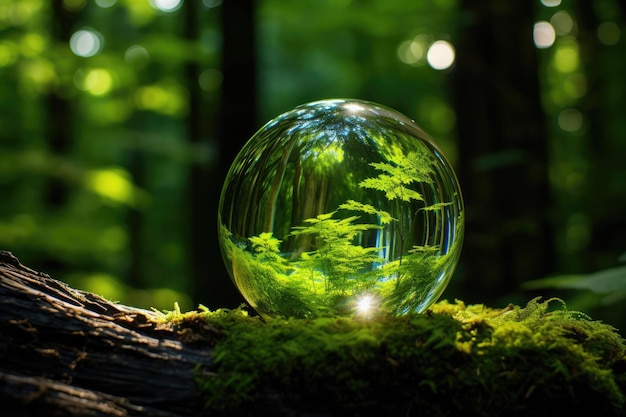 Symboliczna szklana kula otoczona bujnym lasem przekazuje zrównoważony rozwój