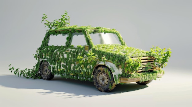 Symboliczny ekologiczny samochód wykonany z zieleni obiecuje zerowe emisje