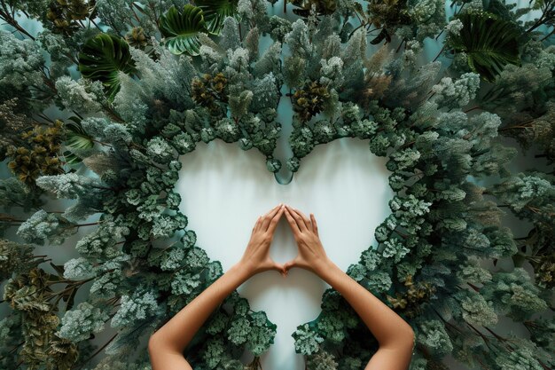 Symboliczny las w kształcie płuc z ludzkimi rękami tworzącymi serce