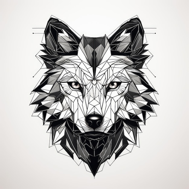 Symetryczna czarno-biała geometria Wolf Zdumiewająca 4K Vector Artwork z wspaniałymi czarnymi liniami na