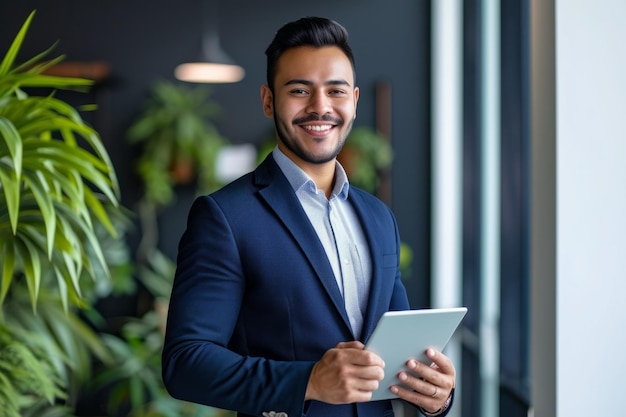 Symetryczne zdjęcie hiszpańskiego biznesmena używającego tabletu w biurze uśmiechniętego i ubranego w perfekcyjny garnitur