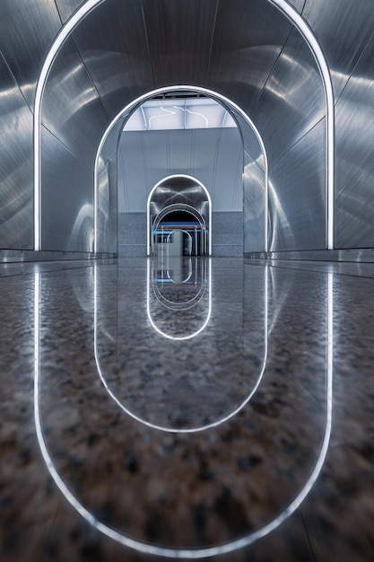 Zdjęcie symetryczny widok stacji metra rizhskaya z metalem i kamieniem naturalnym w wystroju moskwa, rosja