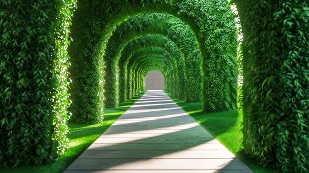 Symetryczny zielony tunel z łukowymi drzwiami na końcu