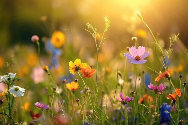 Symfonia delikatnych kwiatów kwitnących na zalanej słońcem łące