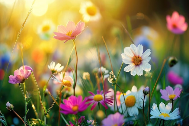 Symfonia delikatnych kwiatów kwitnących na zalanej słońcem łące