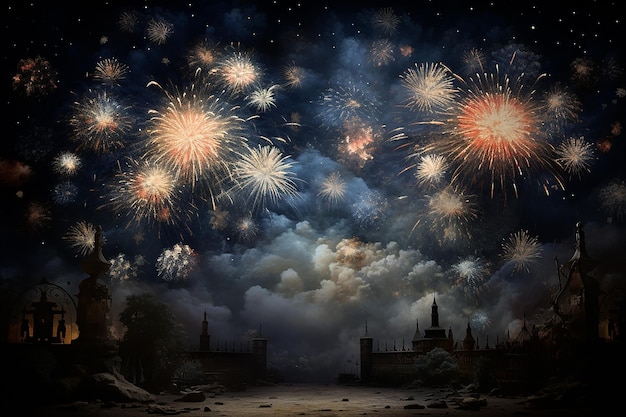 Symfonia Północy Rytm noworocznych fajerwerków jest skoncentrowany oświetlając niebo w tętniącym życiem d