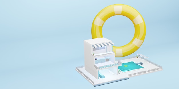 Symulowany Basen Trzypiętrowy Budynek Kreskówka Model Niebieski Pastelowy Ilustracja 3d