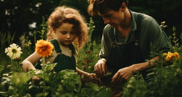 syn i córka ogrodniczą w ogrodzie z kwiatami w ramionach