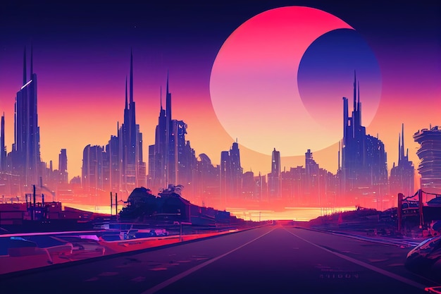 Synthwave Futurystyczne Miasto Retro Fala Różowa Ilustracja Miasta