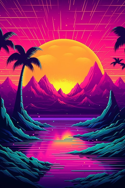 Synthwave retro futurystyczny letni tło