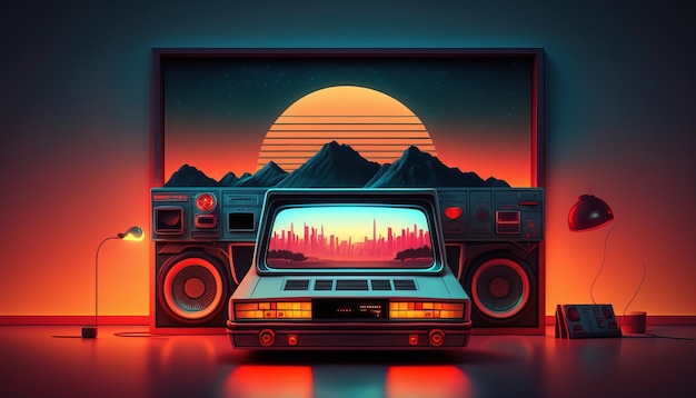 Zdjęcie synthwave w stylu retro z lat 80. szczegółowy styl tła w stylu retro z lat 80. ai