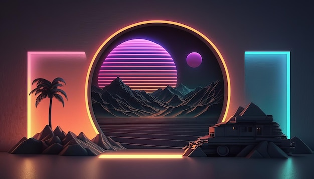 Synthwave w stylu retro z lat 80. Szczegółowy styl tła w stylu retro z lat 80. AI