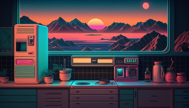 Synthwave w stylu retro z lat 80. Szczegółowy styl tła w stylu retro z lat 80. AI