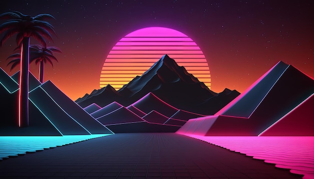 Synthwave w stylu retro z lat 80. Szczegółowy styl tła w stylu retro z lat 80. AI