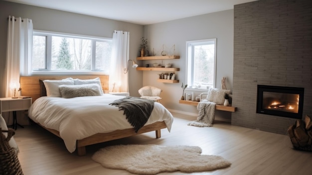 Sypialnia aranżacja wnętrza domu Skandynawski styl minimalistyczny z kominkiem ozdobionym jasnym drewnem i białym materiałem Generative AI AIG26