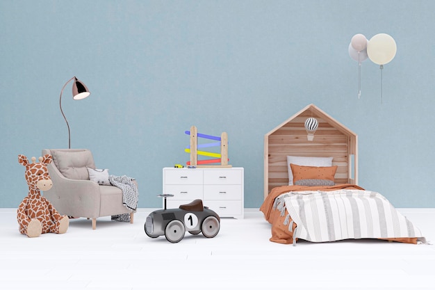 Sypialnia dla dzieci z wypchanymi zwierzętami-zabawkami 3d renderowana ilustracja
