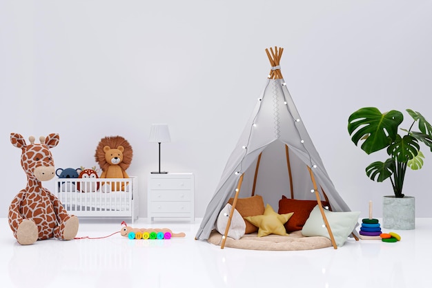 Sypialnia dla dzieci z wypchanymi zwierzętami-zabawkami i gra w tipi 3d renderowana ilustracja