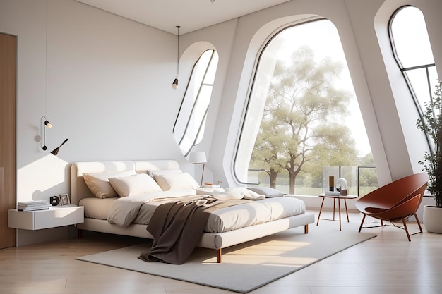 Sypialnia na poddaszu o minimalistycznym wystroju wnętrz