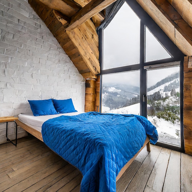 Sypialnia na strychu w górach z zimowym klimatem z pokrywą na koce lub kocem