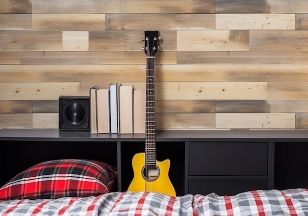 Sypialnia nastolatka lub studenta z żółtą gitarą akustyczną Modna, stylowa, szachowana pościel
