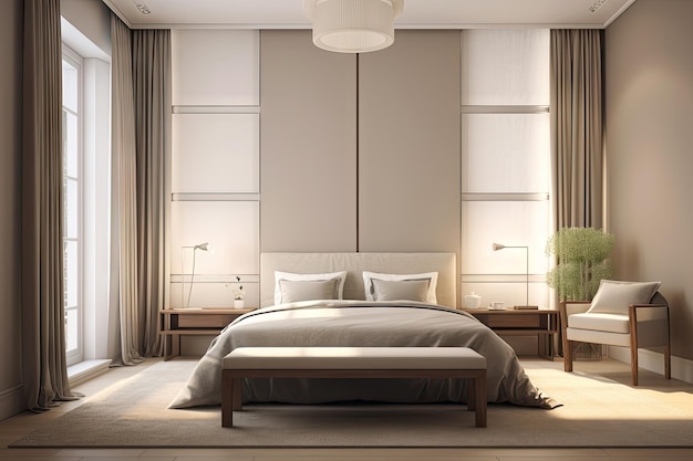 Sypialnia o minimalistycznym wystroju wnętrz w beżowym, przytulnym stylu ozdobiona drewnianym łóżkiem Generative Ai