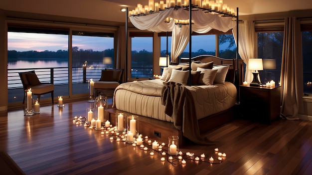 Zdjęcie sypialnia ozdobiona płatkami róż, świecami i sercem.