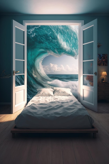 Sypialnia topnieje nad wodą Beautiful illustrationobraz Generative AI