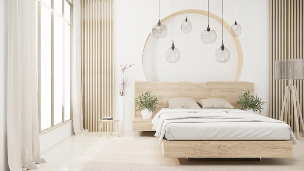 Sypialnia w japońskim stylu minimalistycznym Nowoczesna biała ściana i drewniana podłoga minimalistyczny rendering 3D