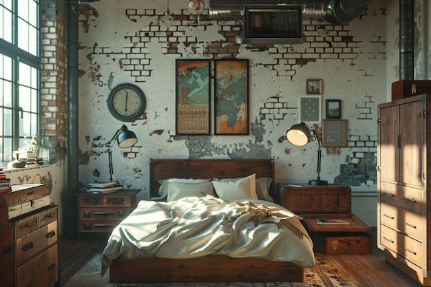 Sypialnia w stylu przemysłowym z odsłoniętymi rurami i dys