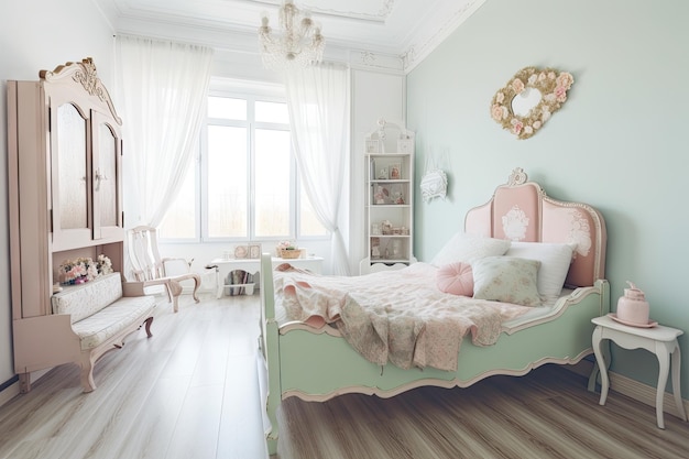 Sypialnia w stylu shabby chic z łóżkiem w stylu vintage i delikatnymi pastelowymi kolorami