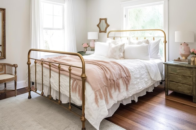 Sypialnia w stylu shabby chic z mosiężnymi drewnianymi szafkami nocnymi i białymi firanami