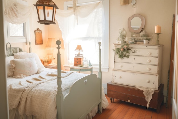 Zdjęcie sypialnia w stylu shabby chic z wygodną, starodawną komodą i latarnią