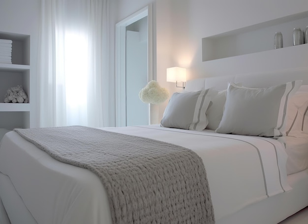 Sypialnia w stylu śródziemnomorskim z minimalistyczną scenerią i czystymi kolorami Koncepcja dekoracji domu
