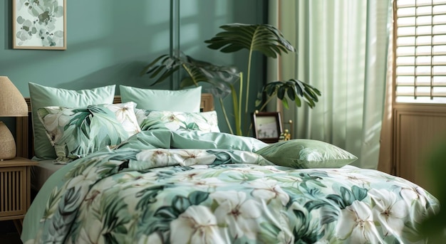 sypialnia w zielono-białe paski z zagłówkiem
