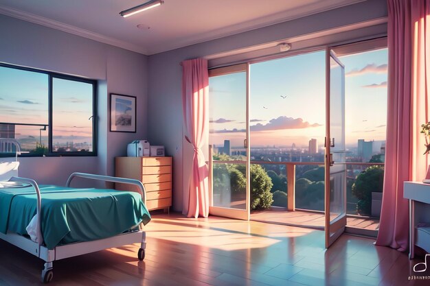 Sypialnia z balkonem i łóżkiem z niebieską pościelą.