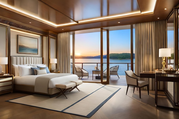 Sypialnia z balkonem i widokiem na ocean.