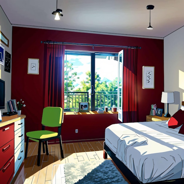 Sypialnia z czerwoną ścianą i zielonym krzesłem w rogu.