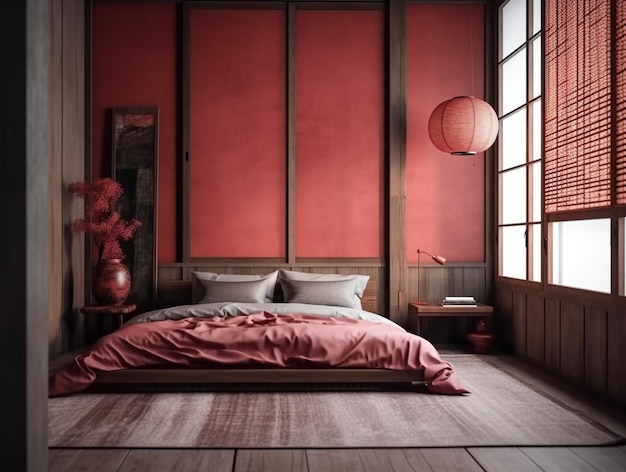 Sypialnia z czerwonymi ścianami i czerwonym łóżkiem z czerwoną poduszką na łóżku.