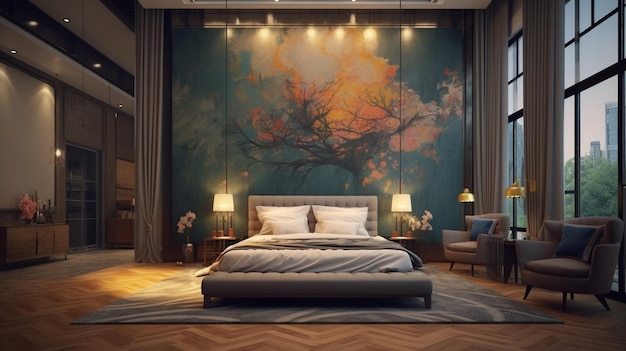 Sypialnia z dużą fototapetą z napisem „drzewo”.