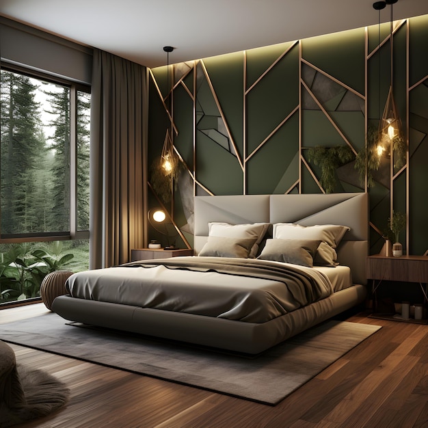 sypialnia z dużym łóżkiem i dużym oknem skandynawski wnętrze Master Bedroom z Forest Green