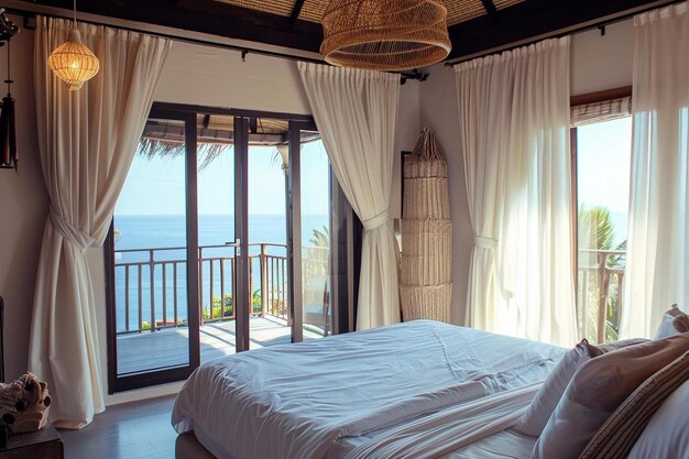 sypialnia z dużym łóżkiem i widokiem na ocean
