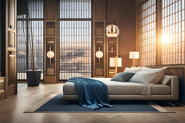 Sypialnia z dużym oknem i łóżkiem z niebieskim dywanikiem.