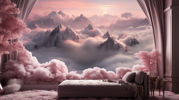 Sypialnia z dużym oknem i widokiem na góry i niebo