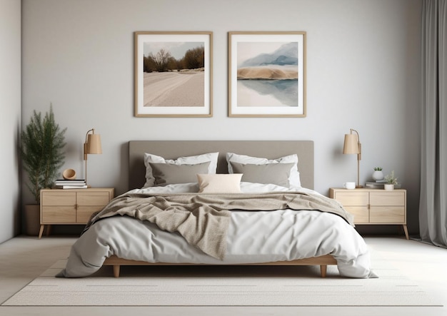Sypialnia z dwoma obrazami na ścianie i łóżkiem z kocem.