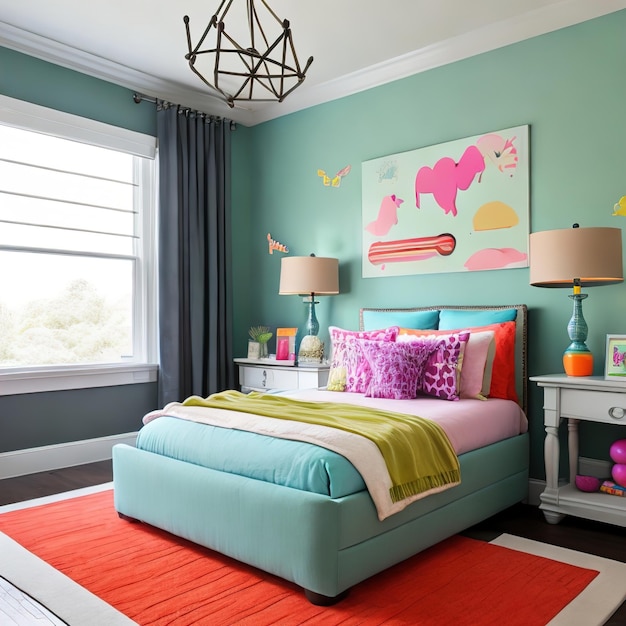 Sypialnia z kolorowym łóżkiem i lampą na ścianie