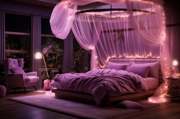 Zdjęcie sypialnia z łóżkiem i baldachimem oświetlona przez światła generative ai