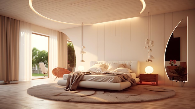 Sypialnia z łóżkiem i lampą na ścianie.
